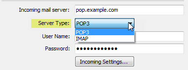 The server type drop-down menu is expanded showing the available options.
