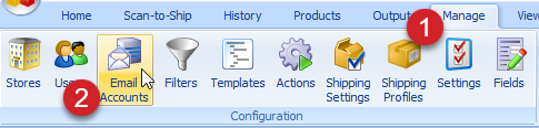 The Manage tab is selected and the Email accounts button is highlighted.