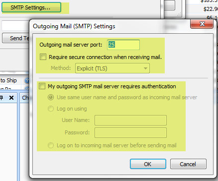 The outgoing mail settings dialog is open displaying the available options.