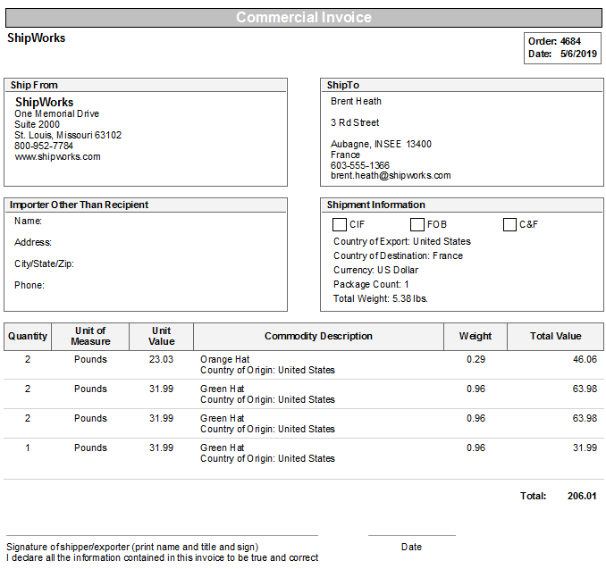 sample of printed commercial invoice template
