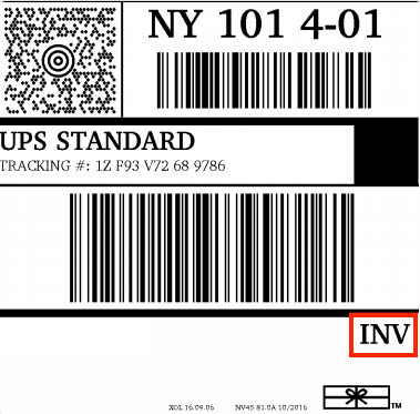 Box highlights INV on printed UPS International label