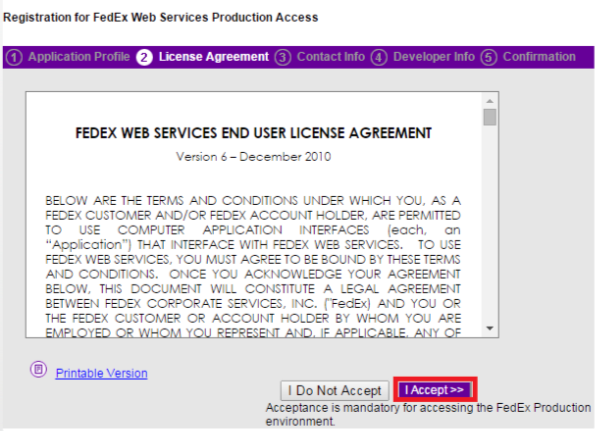 FedEx License Agreement page with the I Accept button highlighted.