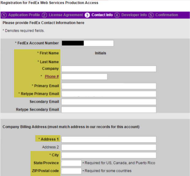 FedEx contact information form.