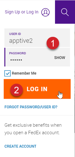 FedEx login screen with annotations on the UserID field and Log In button.