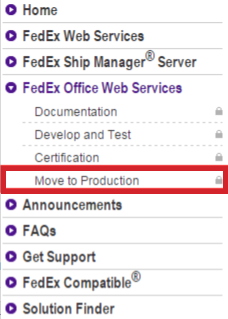 FedEx Devleoper site menu with the option Move to Production highlighted.