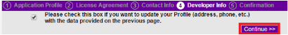 Check box for update profile with the continue button highlighted