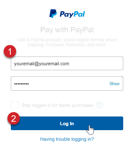 PayPal login screen with example credentials entered into the fields
