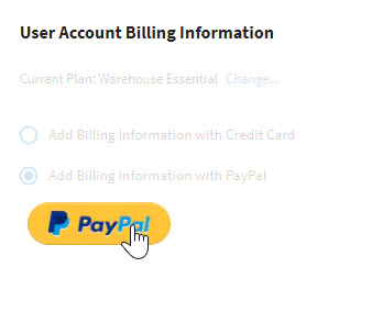 The User Account Billing Information pop-up with the PayPal button selected