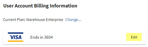 User Account Billing Information pop-up with the Edit option highlighted for a credit card