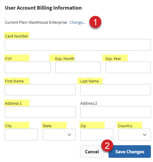The User Account Billing Information pop-up with the individual billing fields and Save Changes button highlighted.