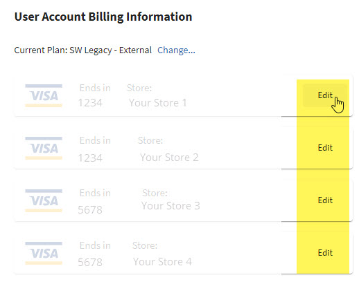 User Account Billing Information pop-up with the Edit buttons for all added credit cards highlighted