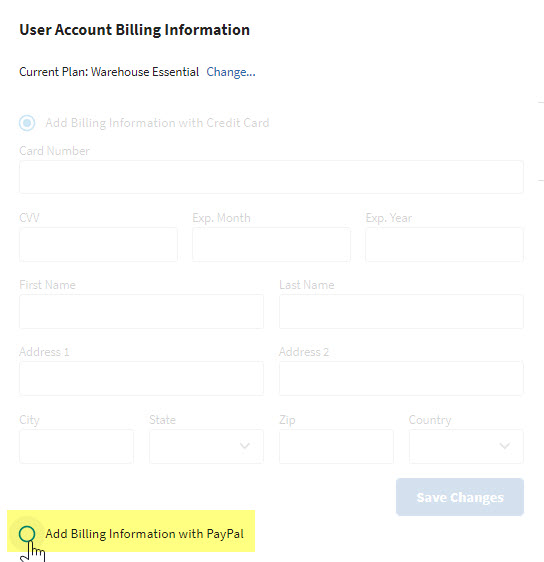 The option to add or change billing information with PayPal in the User Account Billing Information pop-up