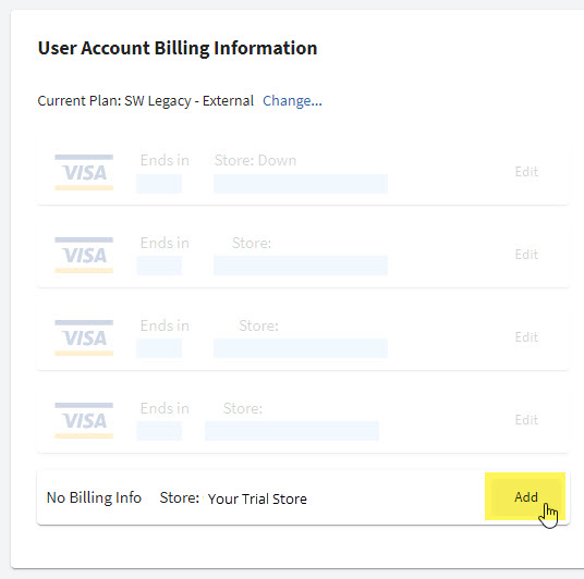 User Account Billing Information pop-up with the Add button highlighted next to "No Billing Info"