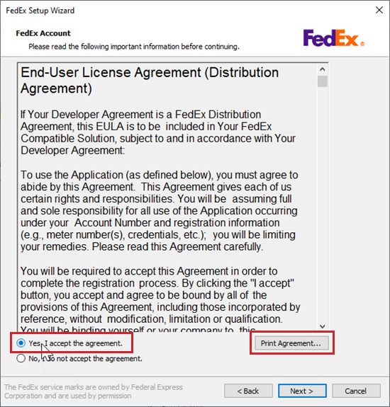 The end user license is shown with the 'yes, i accept the agreement' option selected.