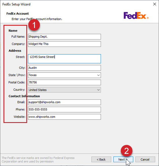 Enter the FedEx account contact information then click next.