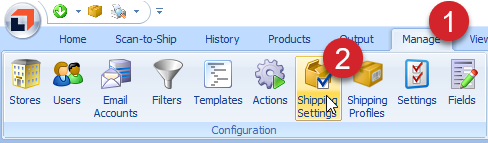 ShipWorks Manage tab > shipping settings button