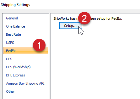 Click the Setup button on the FedEx shipping settings screen.