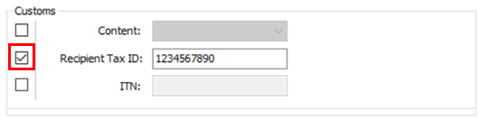 The customs section is shown with the recipient tax id field selected.