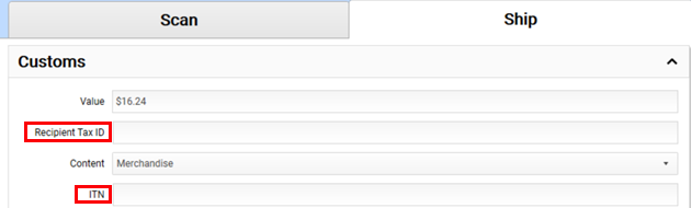 Tax ID entered into the Recipient Tax ID field in the scan-to-ship view.