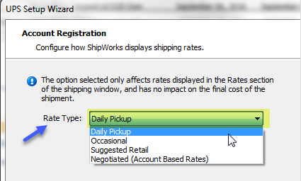 Arrow points to Rate Type dropdown, highlights Daily Pickup option as being selected