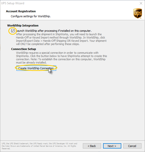 Configure Settings for WorldShip screen with the Checkbox by Launch WorldShip and the Create WorldShipConnection button highlighted.