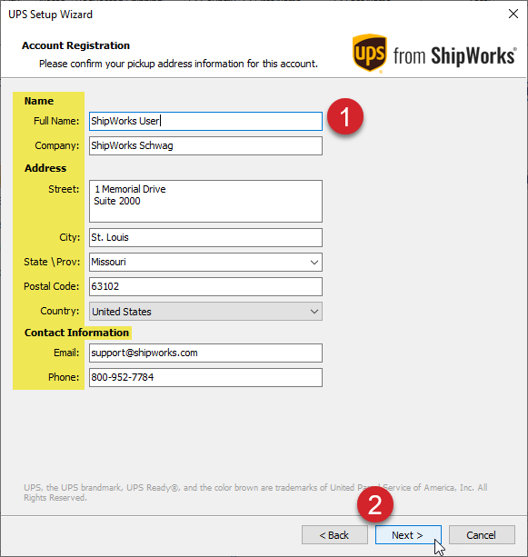 UPS WorldShip Account registration form with numbered annotations by the fields and the next button.