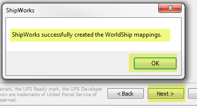 WorldShip Successful mapping pop-up with the OK and Next button highlighted.