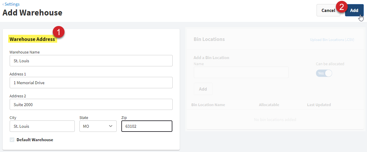 Add warehouse screen: Fill out information and click Add.