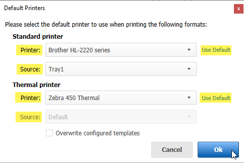 Configure default standard and thermal printers screen