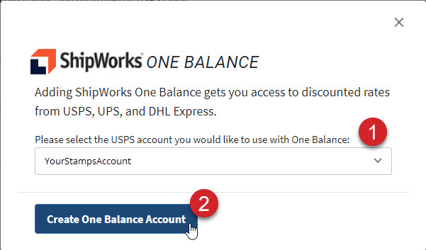 Enter the USPS account and click the create one balance account button.