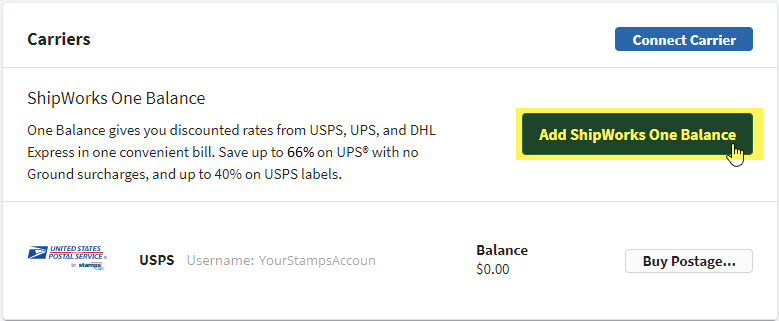 Click the add shipworks one balance button in the carriers section.