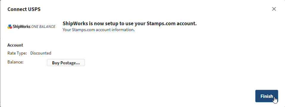 The connect USPS modal is displayed and the finished button is highlighted.