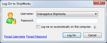The ShipWorks login screen is displayed.