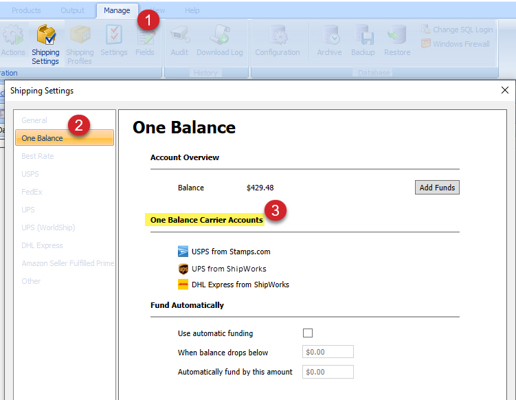 Click on Manage, then One Balance to view the One Balance Carrier Accounts.