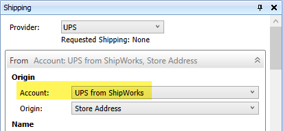 The shipping modal is shown with UPS shown as the selected provider. The account fields shows UPS from ShipWorks