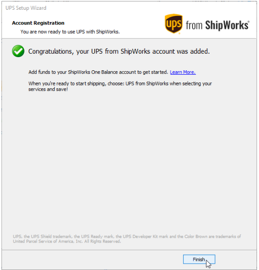 UPS Setup wizard account registration popup showing UPS was added