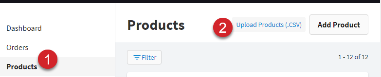 Step by step navigation to click Products page and Upload Products CSV link in the Hub
