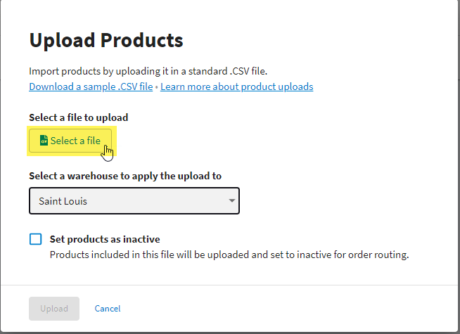 Upload Products popup on the Hub with Select a file link highlighted