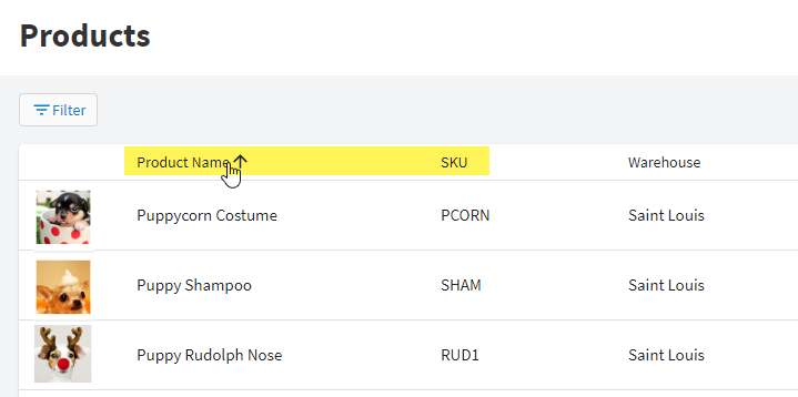 The Hub products page showing Product Name column selected for sorting