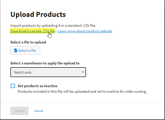 Upload Products popup on the Hub with Download a sample CSV file link highlighted