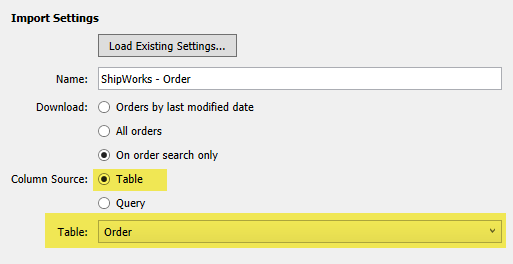 Table is selected in the column source section. The order table is selected from the table drop-down menu.