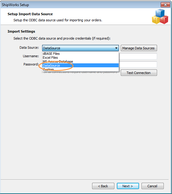 Select the data source from the data source drop-down menu.