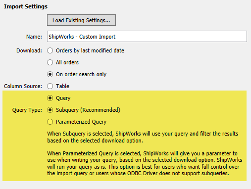 Column source is set to Query and query type is set to subquery.