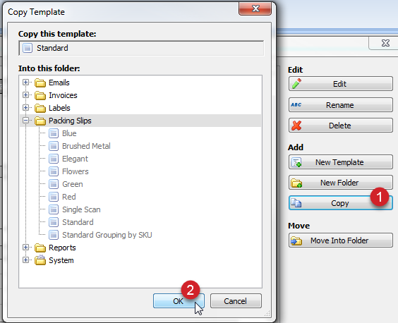 Copy Template with Packing Slips highlighted and annotations; 1. Copy Button 2. Ok Button