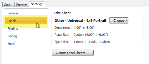 Settings tab with Labels highlighted.