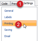 annotated with 1. Settings tab 2. Printing