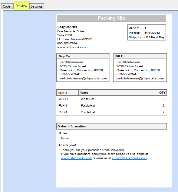 Preview tab shows a Packing Slip
