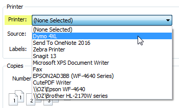 Printer is highlighted with the dropdown showing available printers. Dymo 4XL is marked.