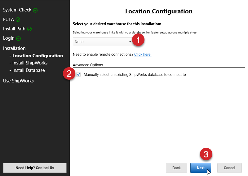 ShipWorks Installation Wizard Location Configuration page Numbers annotate the drop-down, Advanced option, and Next button.