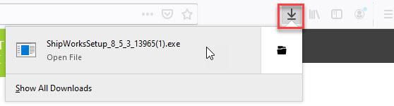 Firefox browser download dropdown with the download arrow icon highlighted.